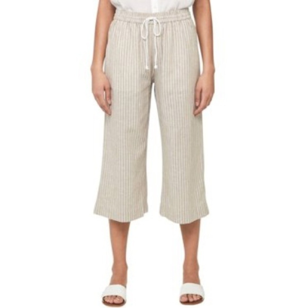 BeachLunchLounge Margot Cerulean Crop Pants Stripe Tan Drawstring Cotton Linen